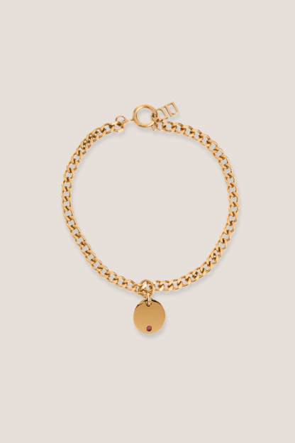  Birthstone Round Pendant Gold with Curb Chain Bracelet