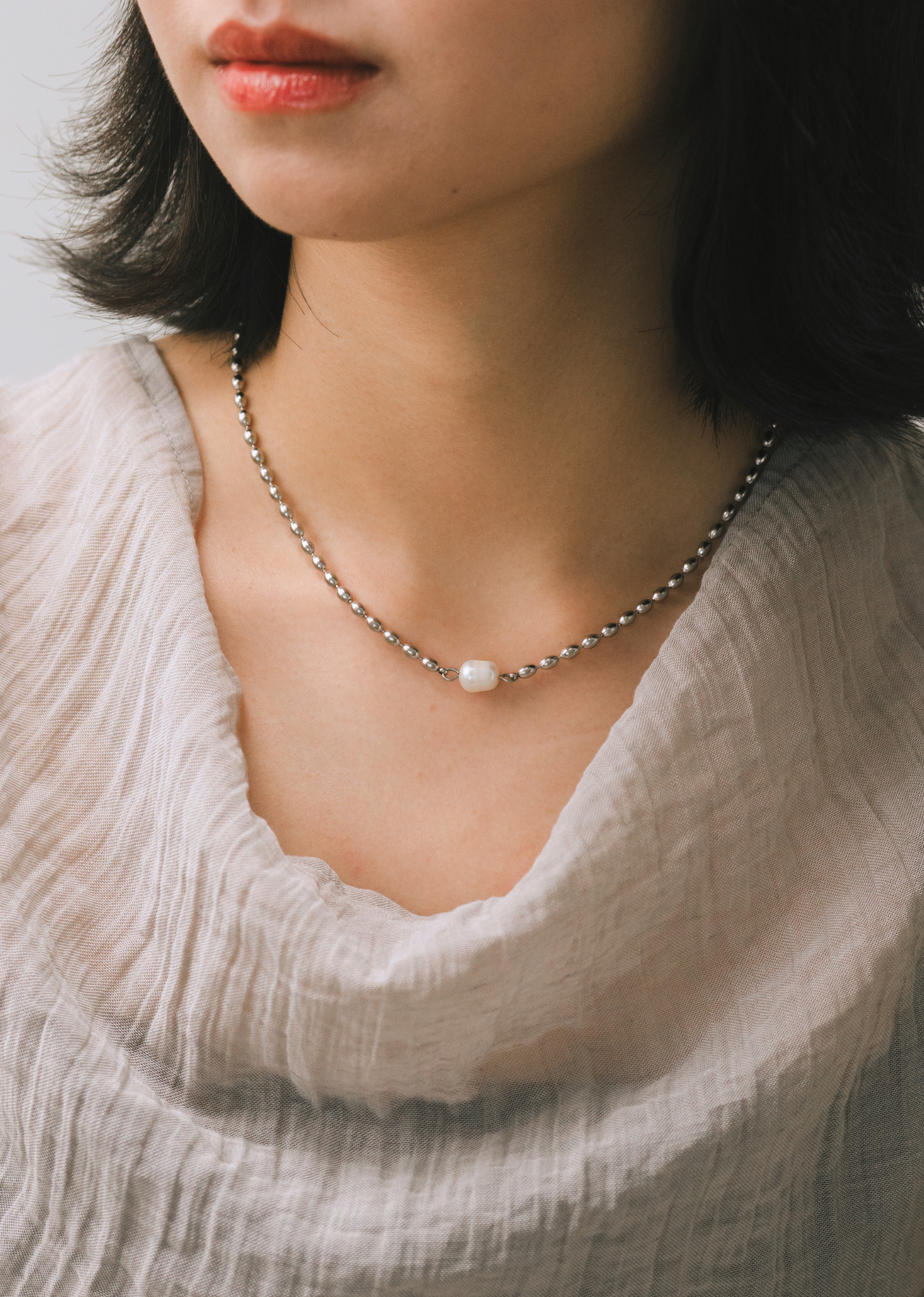 Beaded Freshwater Pearl Silver Necklace
