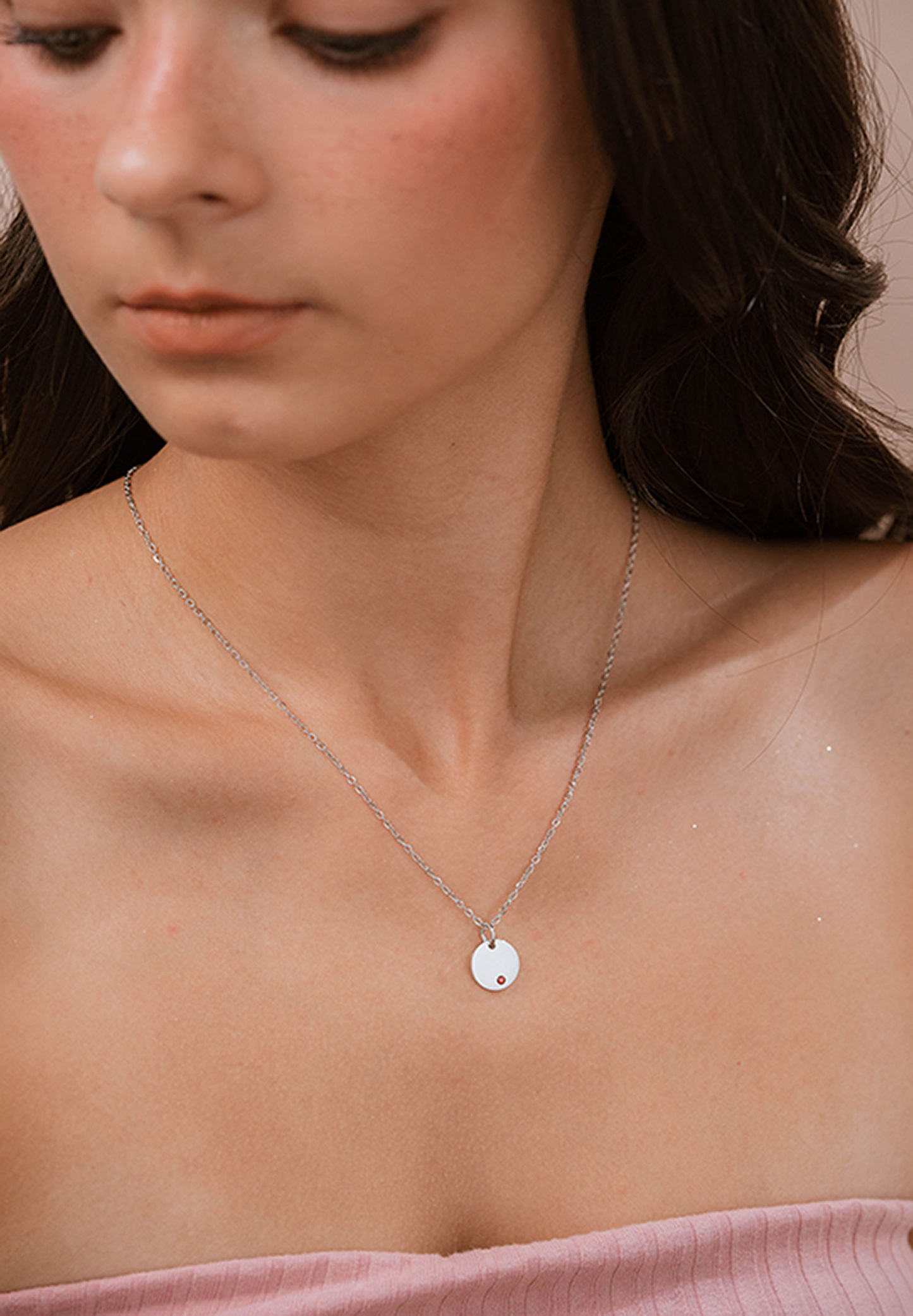 Birthstone Round Pendant Silver Chain Necklace