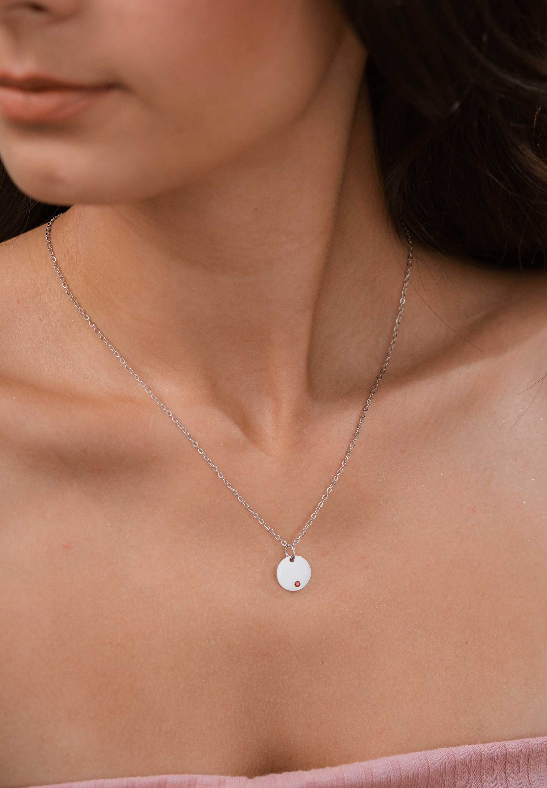 Birthstone Round Pendant Silver Chain Necklace