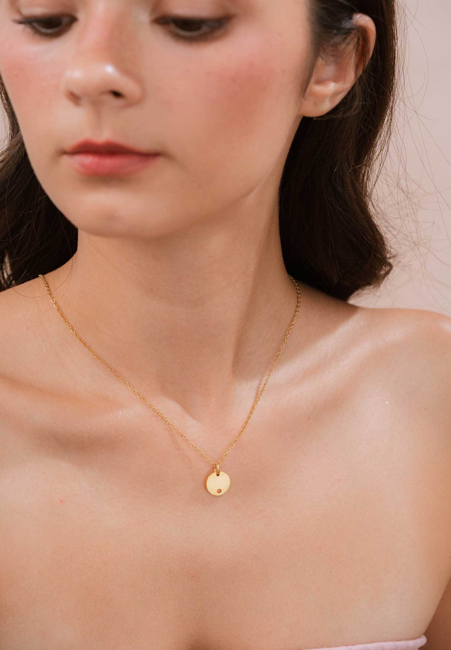 Birthstone Round Pendant Gold Chain Necklace