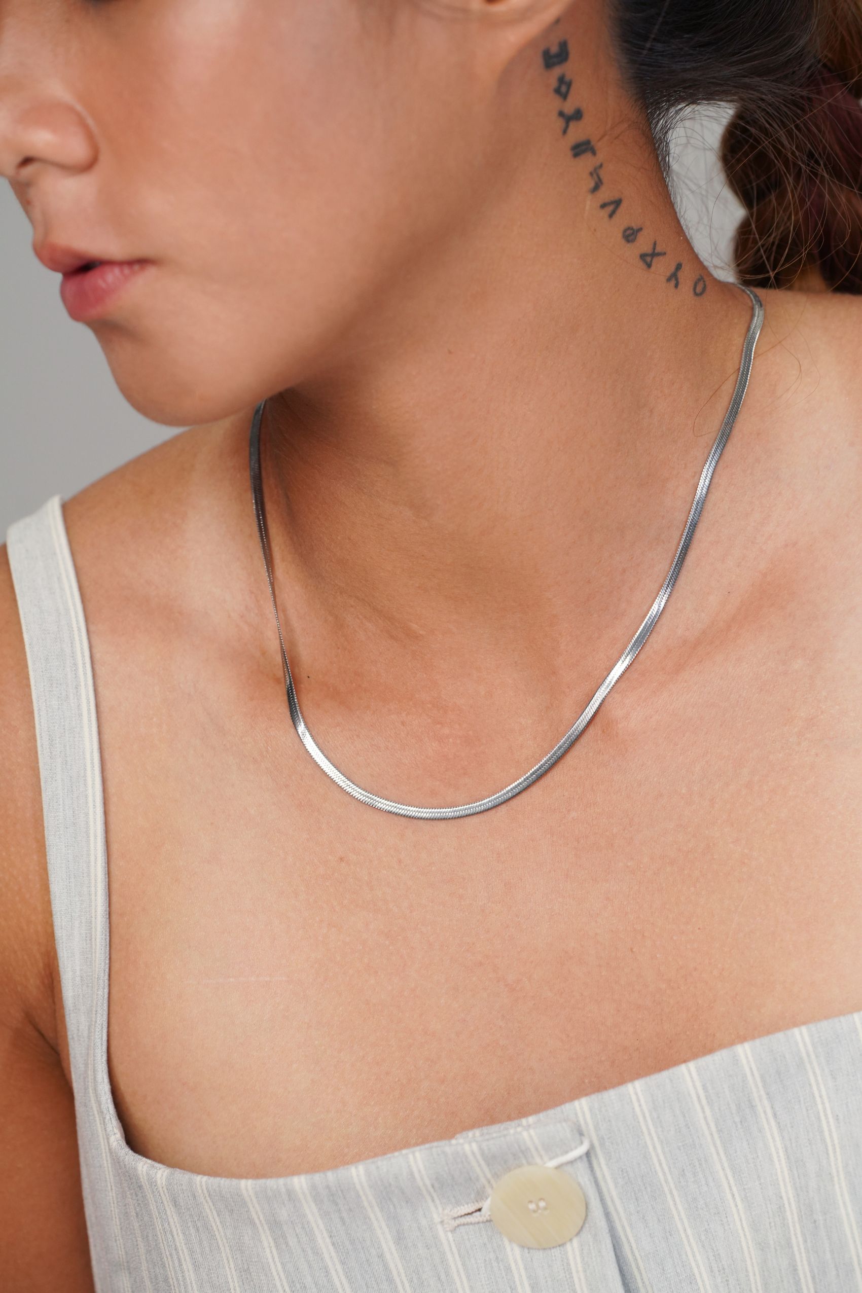 Herringbone Flat Thin Silver Chain Necklace