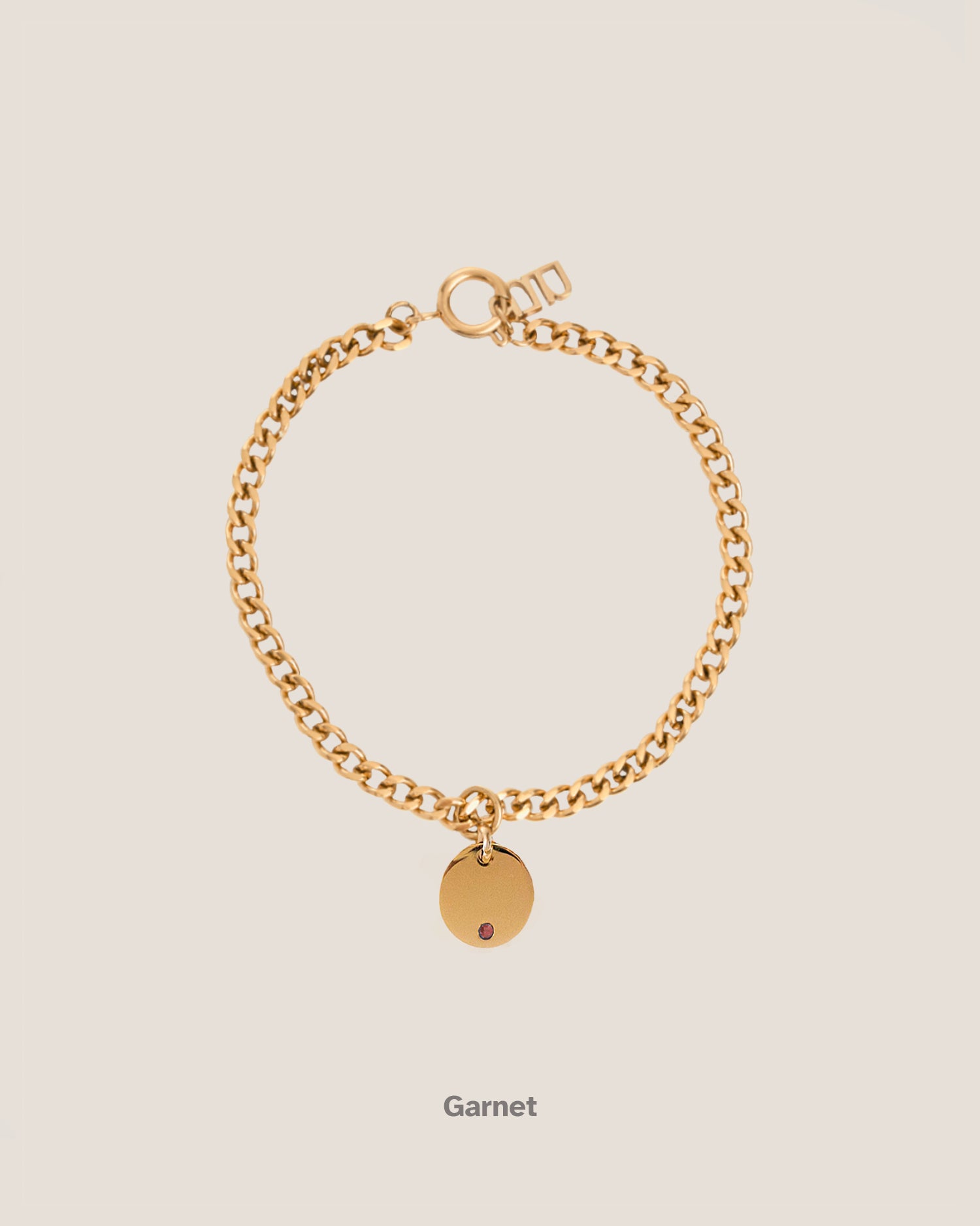Birthstone Round Pendant Gold Curb Chain Bracelet