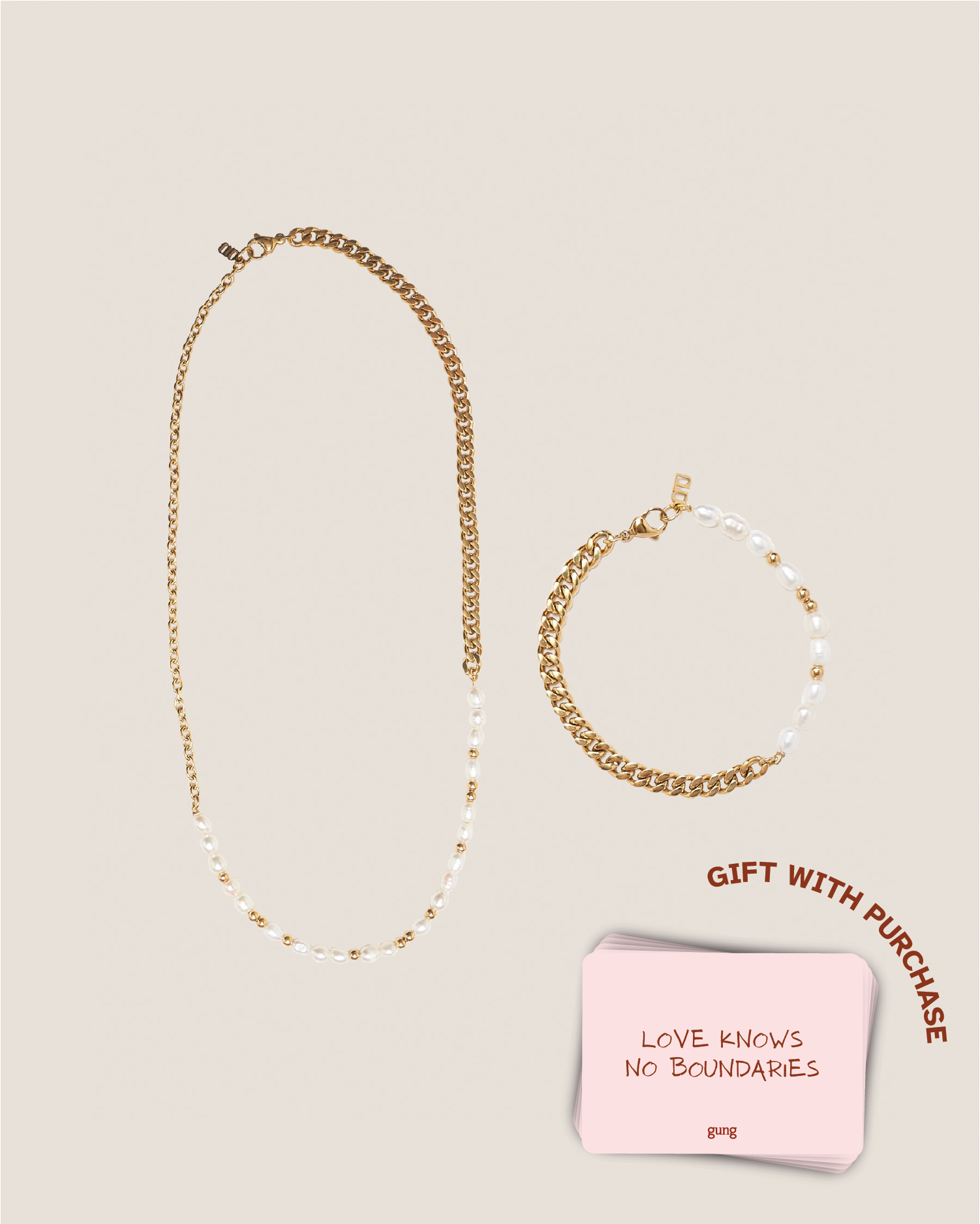 Allure Pearl Chain Necklace & Bracelet Couple Set 