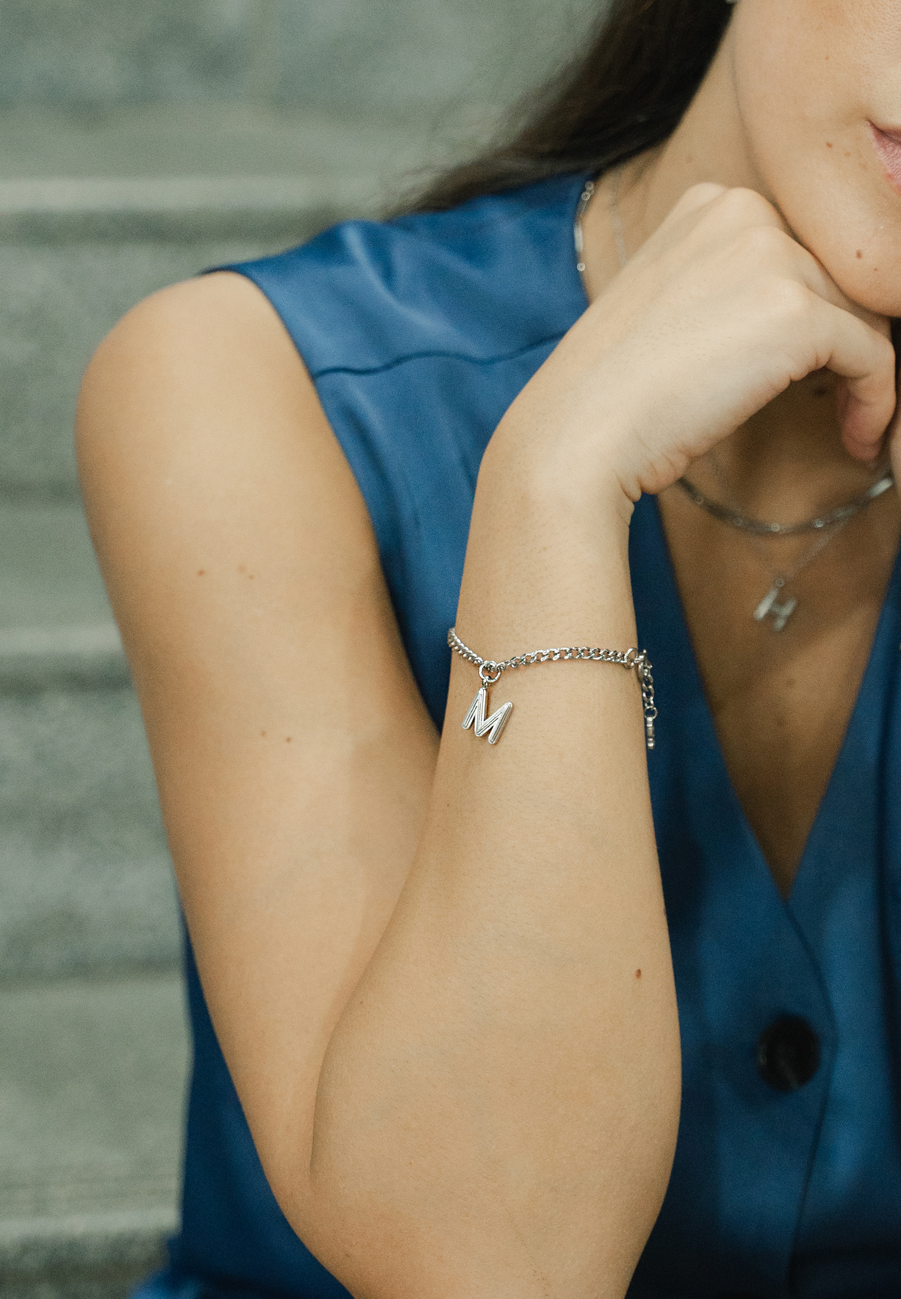 Alphabet Silver Pendant with Curb Chain Bracelet