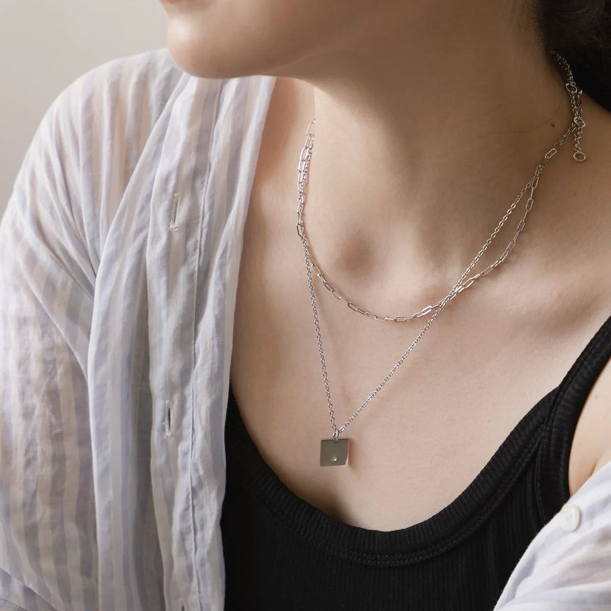 Square Pendant Silver Necklace