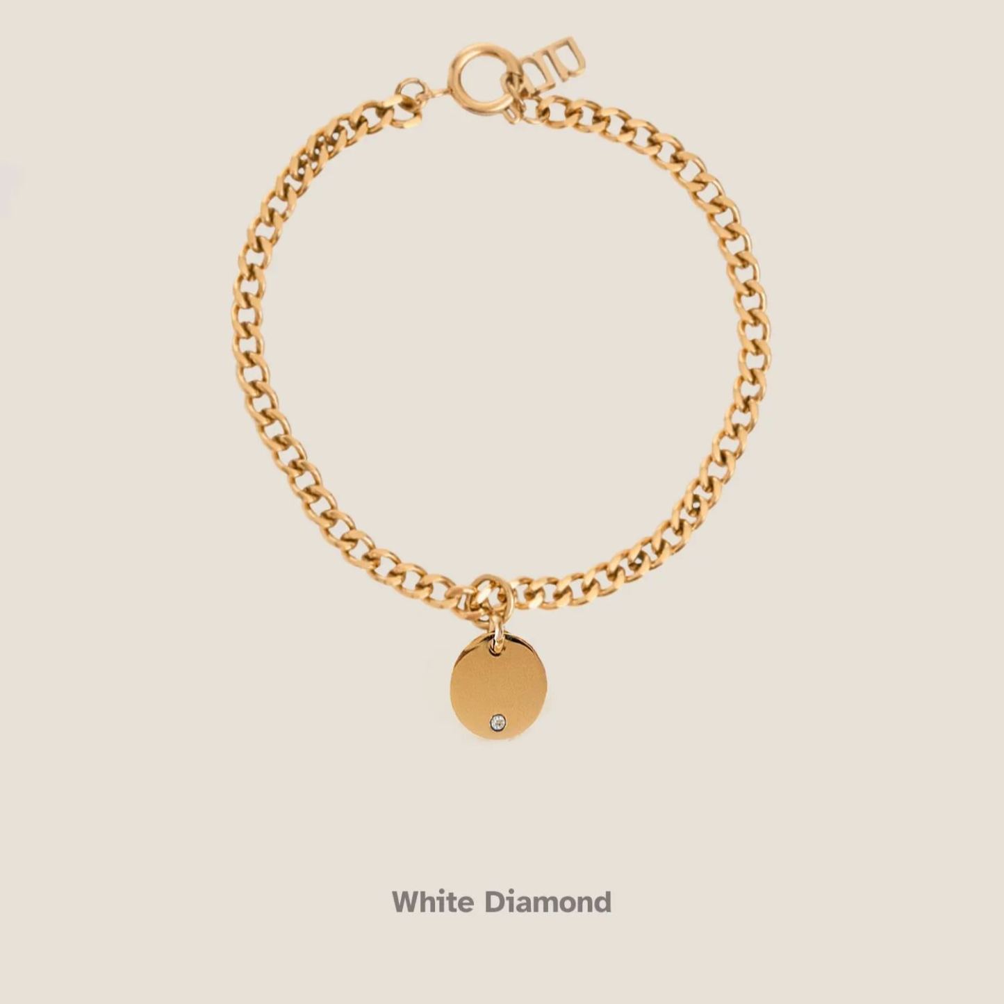 Birthstone Round Pendant Gold Curb Chain Bracelet