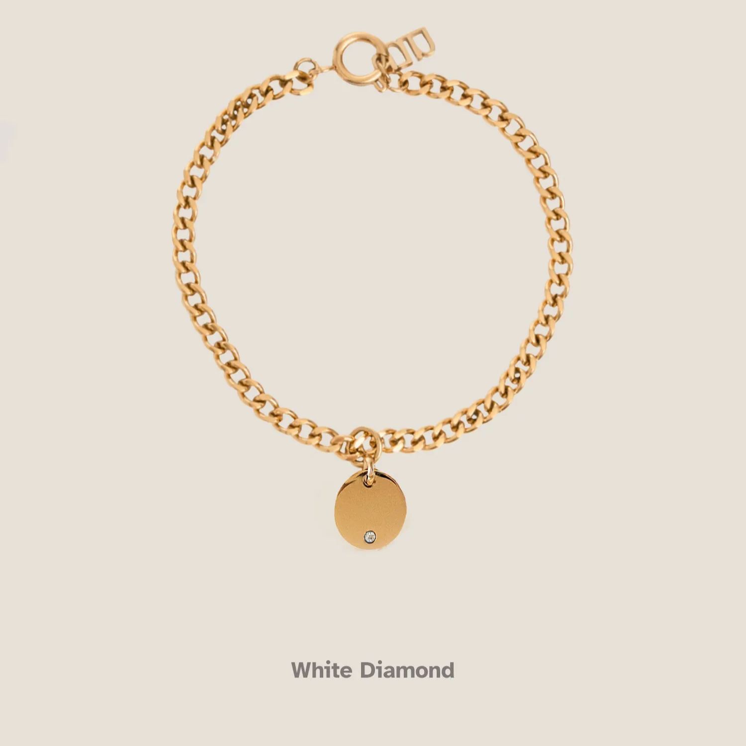 Birthstone Round Pendant Gold Curb Chain Bracelet