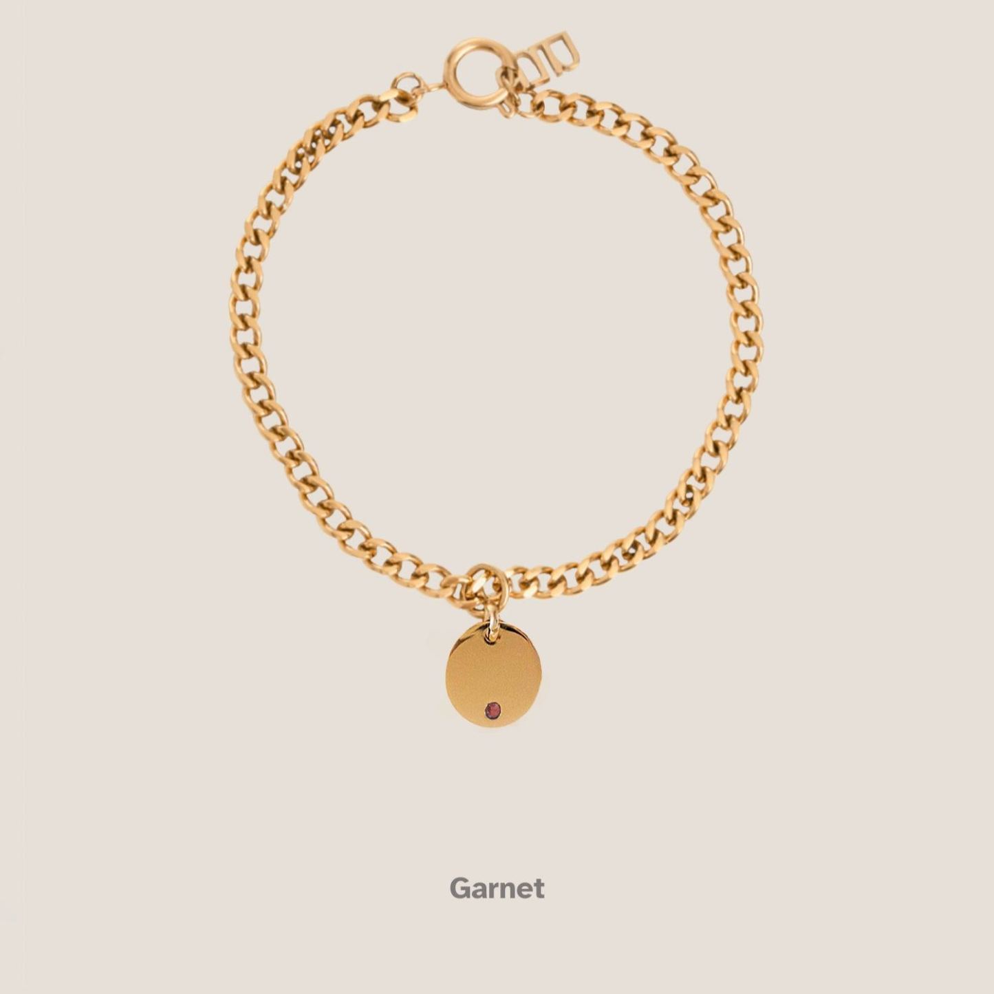 Birthstone Round Pendant Gold Curb Chain Bracelet