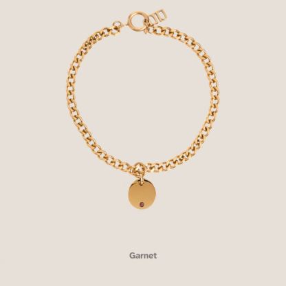 Birthstone Round Pendant Gold Curb Chain Bracelet