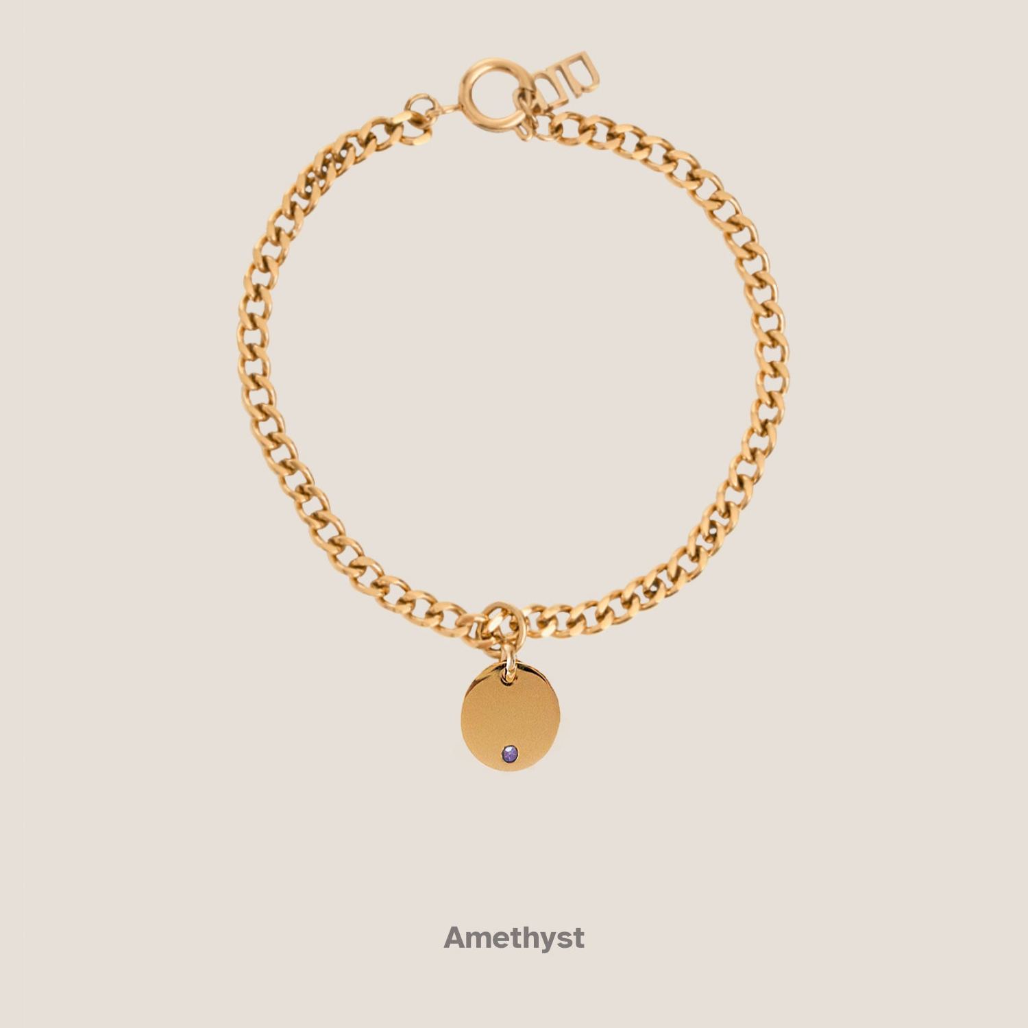Birthstone Round Pendant Gold Curb Chain Bracelet