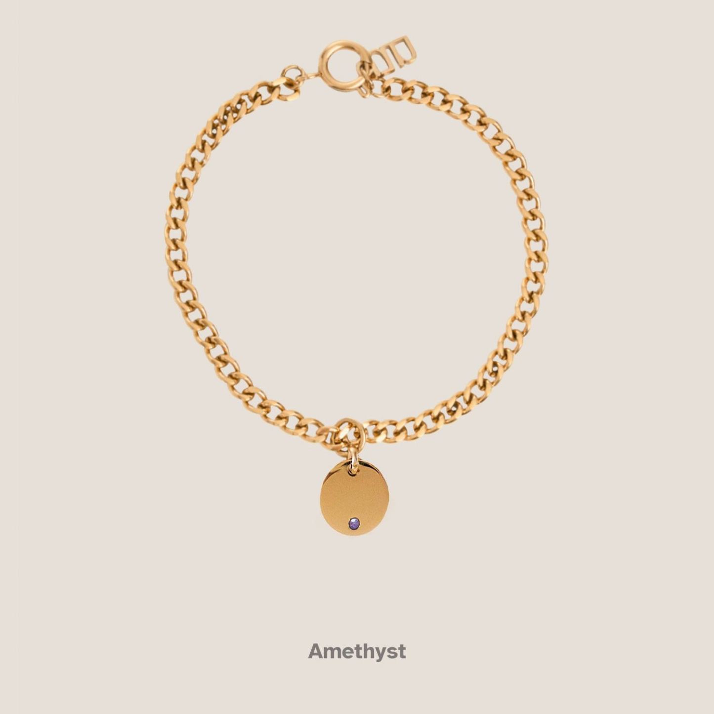 Birthstone Round Pendant Gold Curb Chain Bracelet