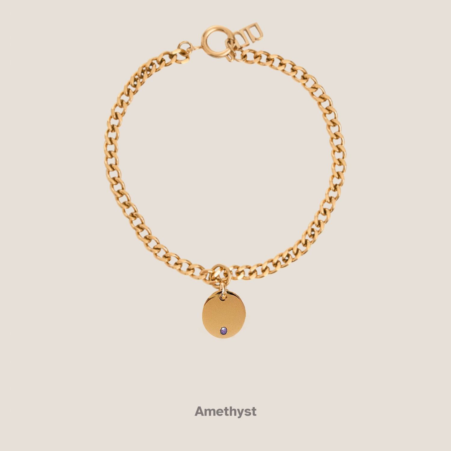 Birthstone Round Pendant Gold Curb Chain Bracelet