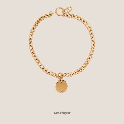 Birthstone Round Pendant Gold Curb Chain Bracelet