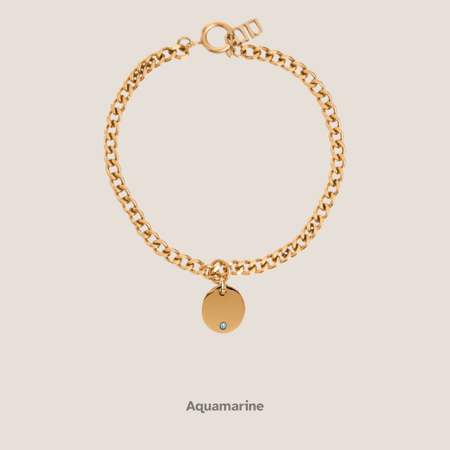 Birthstone Round Pendant Gold Curb Chain Bracelet
