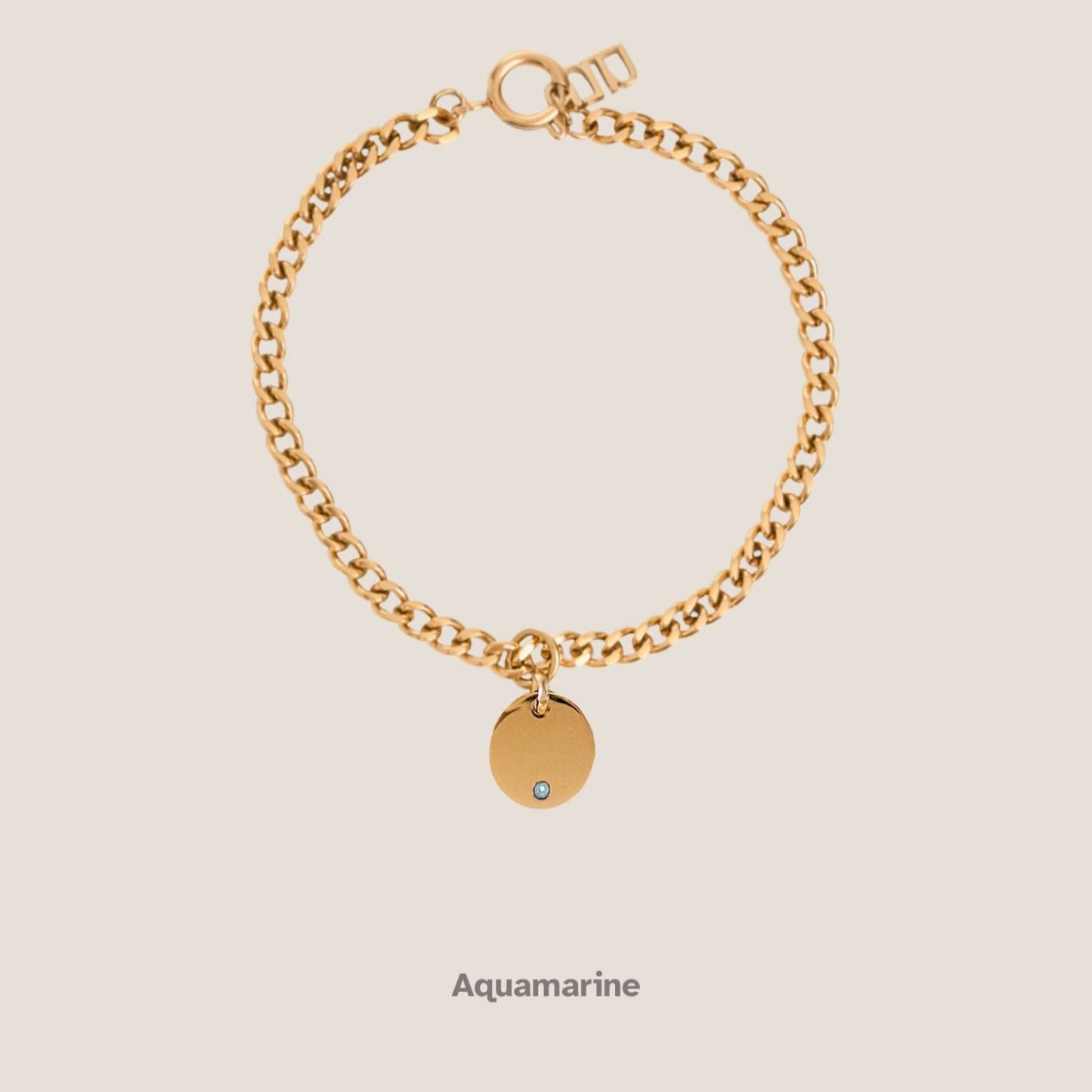 Birthstone Round Pendant Gold Curb Chain Bracelet