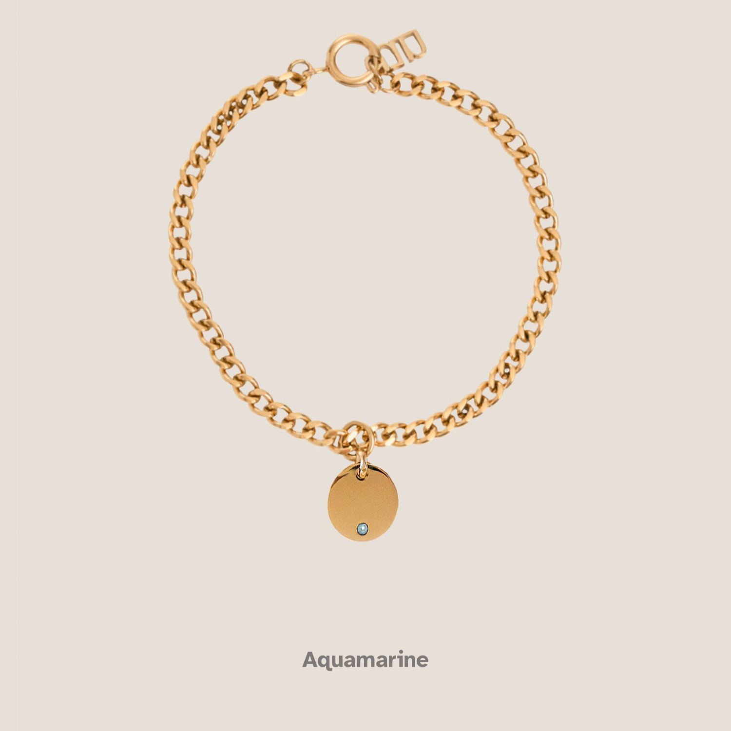 Birthstone Round Pendant Gold Curb Chain Bracelet