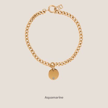 Birthstone Round Pendant Gold Curb Chain Bracelet