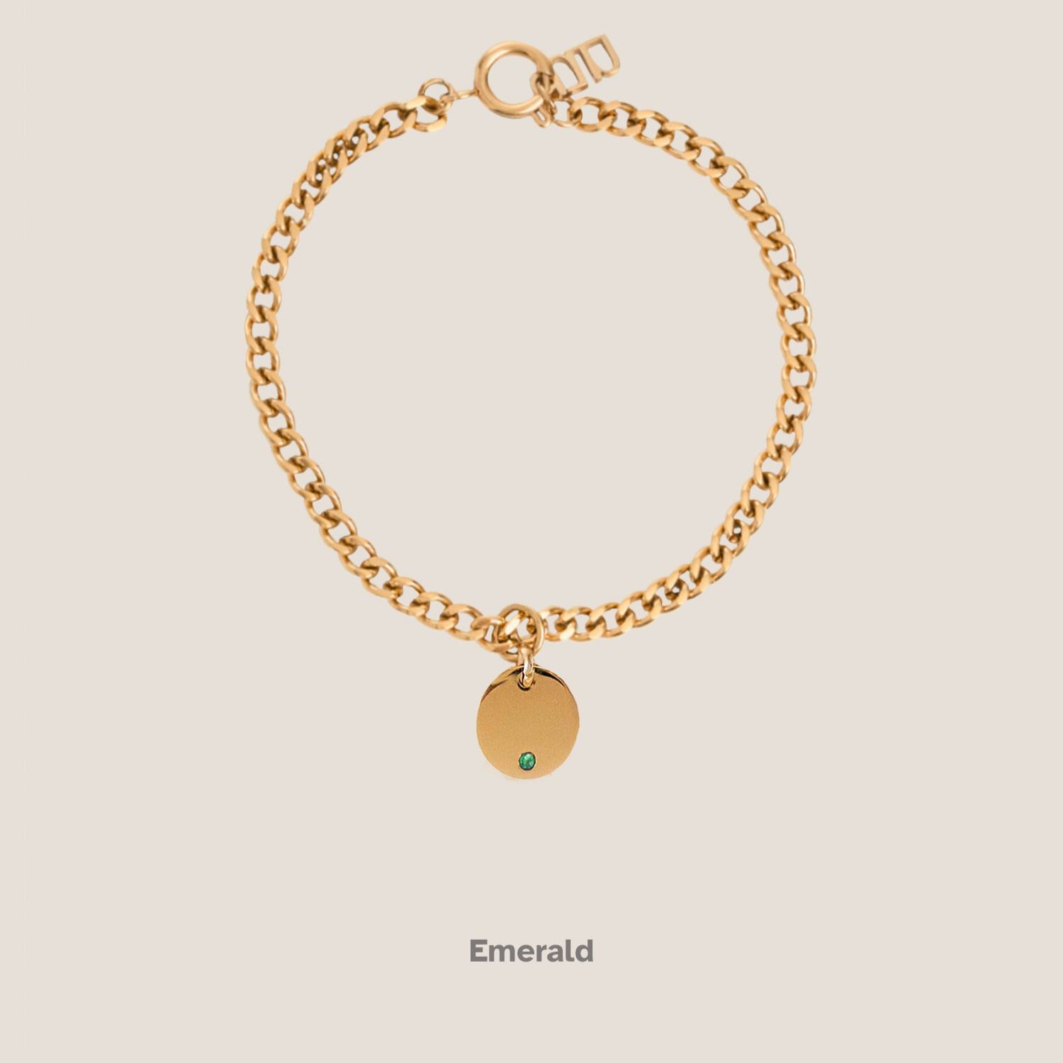 Birthstone Round Pendant Gold Curb Chain Bracelet