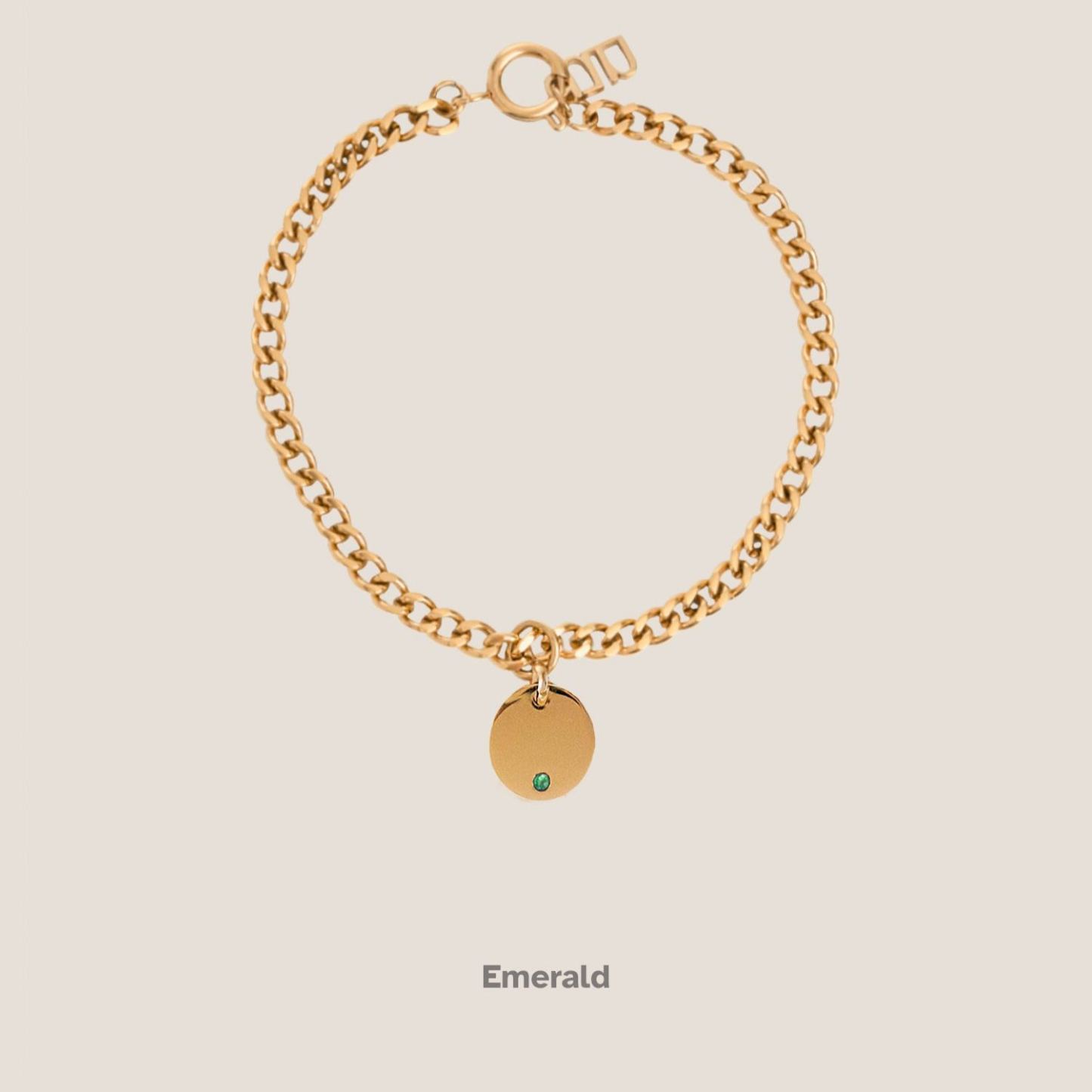 Birthstone Round Pendant Gold Curb Chain Bracelet