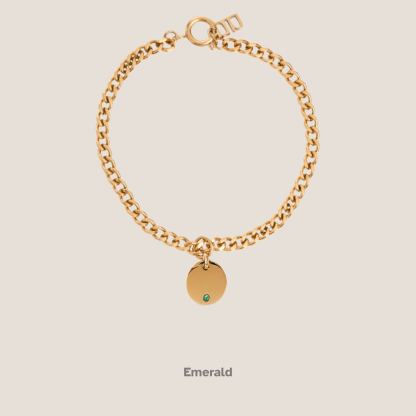 Birthstone Round Pendant Gold Curb Chain Bracelet