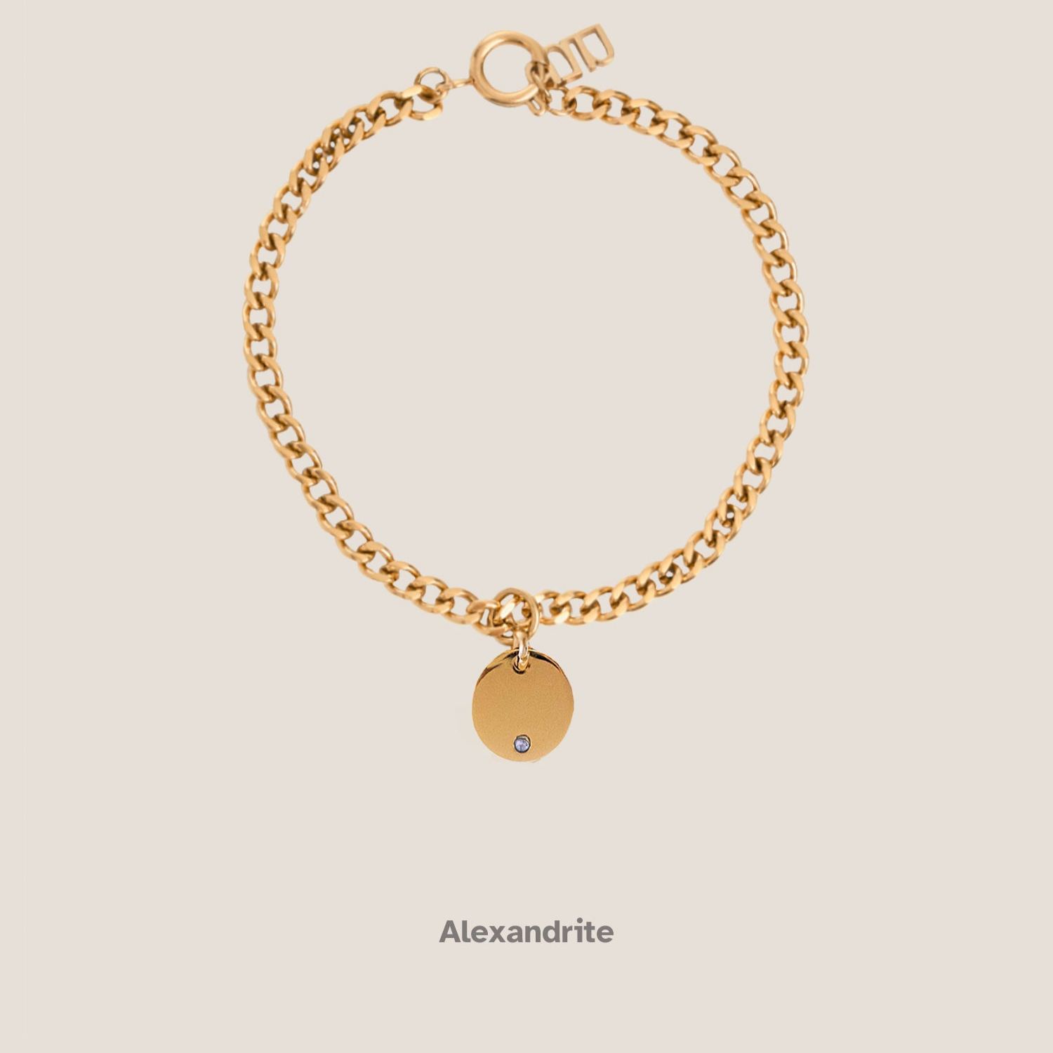 Birthstone Round Pendant Gold Curb Chain Bracelet