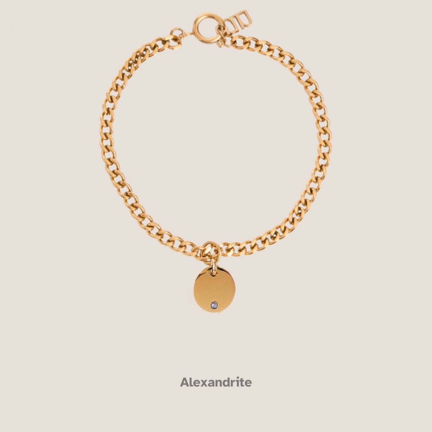Birthstone Round Pendant Gold Curb Chain Bracelet