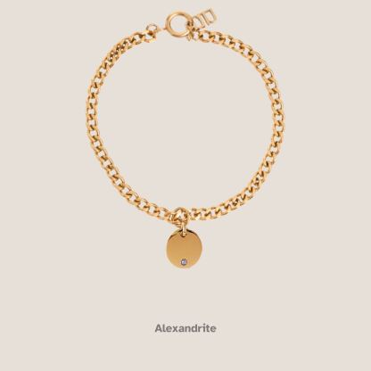 Birthstone Round Pendant Gold Curb Chain Bracelet