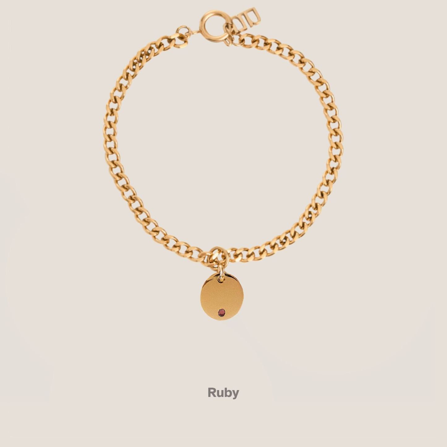Birthstone Round Pendant Gold Curb Chain Bracelet