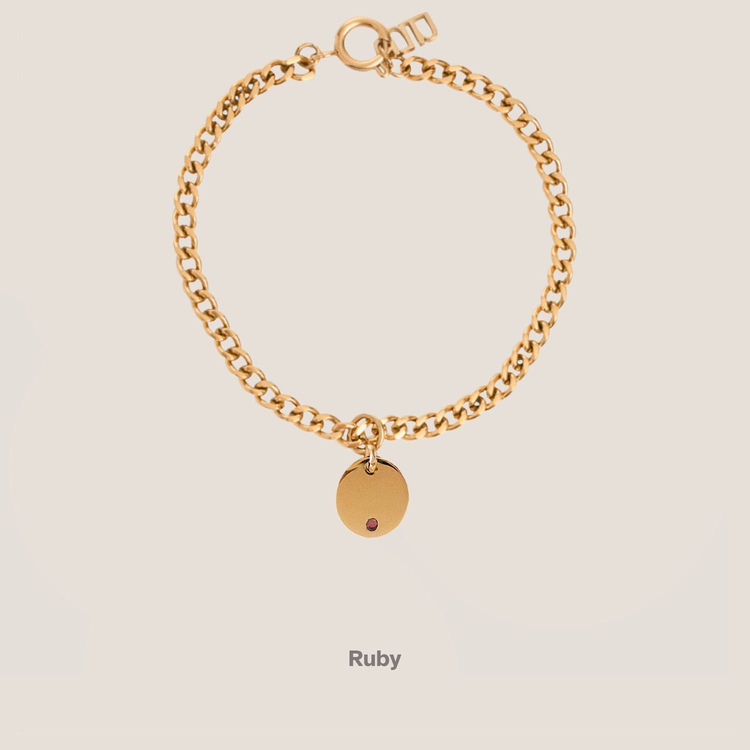 Birthstone Round Pendant Gold Curb Chain Bracelet
