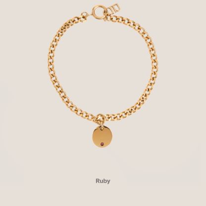 Birthstone Round Pendant Gold Curb Chain Bracelet