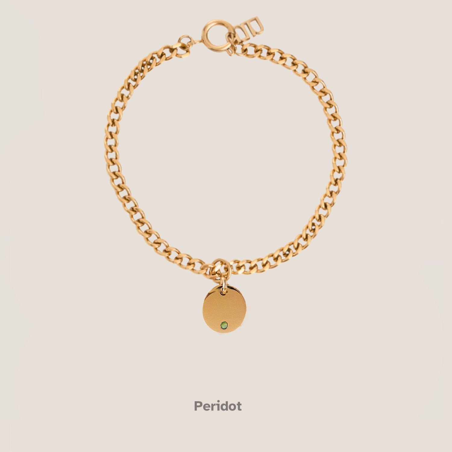 Birthstone Round Pendant Gold Curb Chain Bracelet