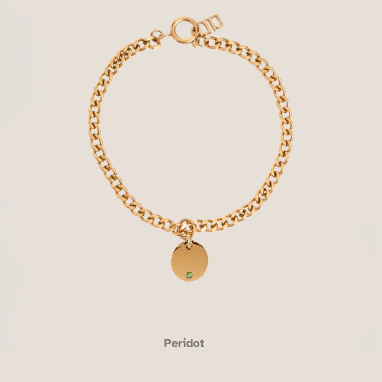 Birthstone Round Pendant Gold Curb Chain Bracelet