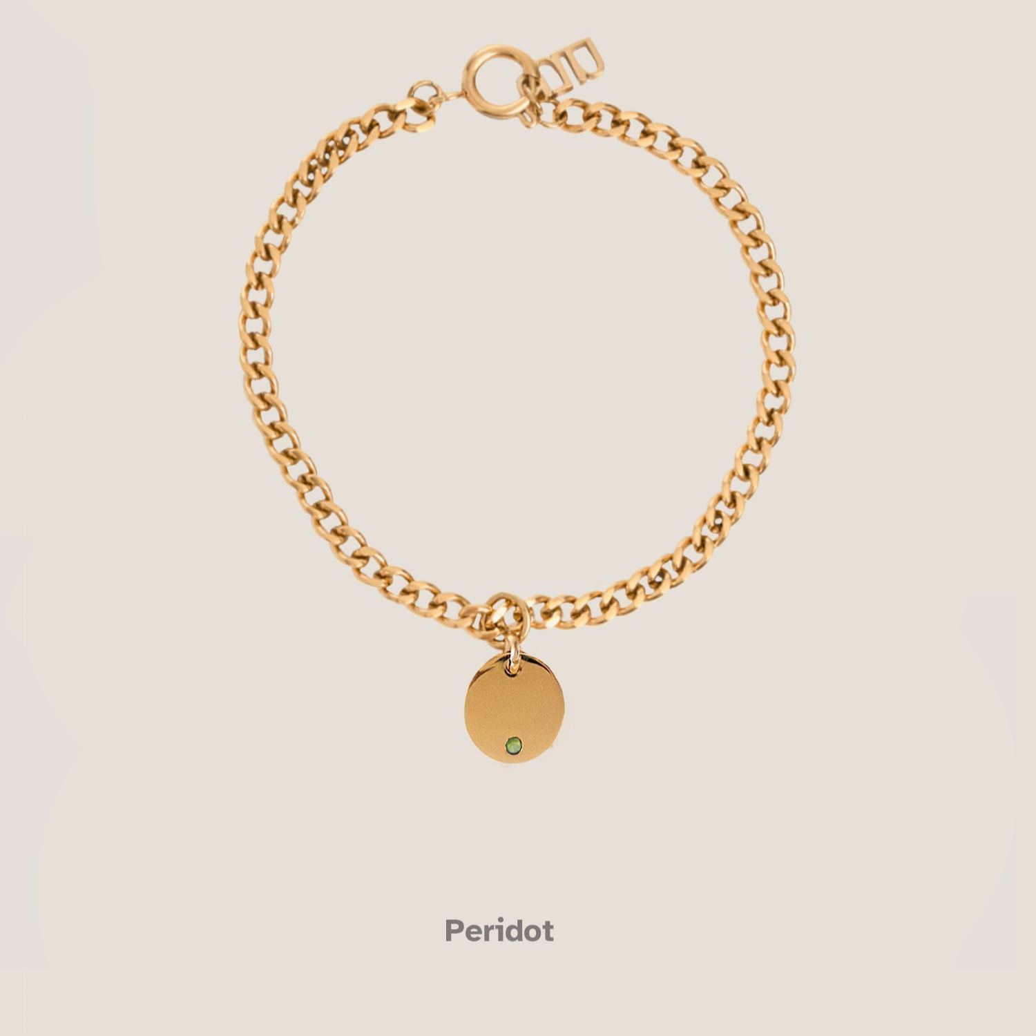 Birthstone Round Pendant Gold Curb Chain Bracelet