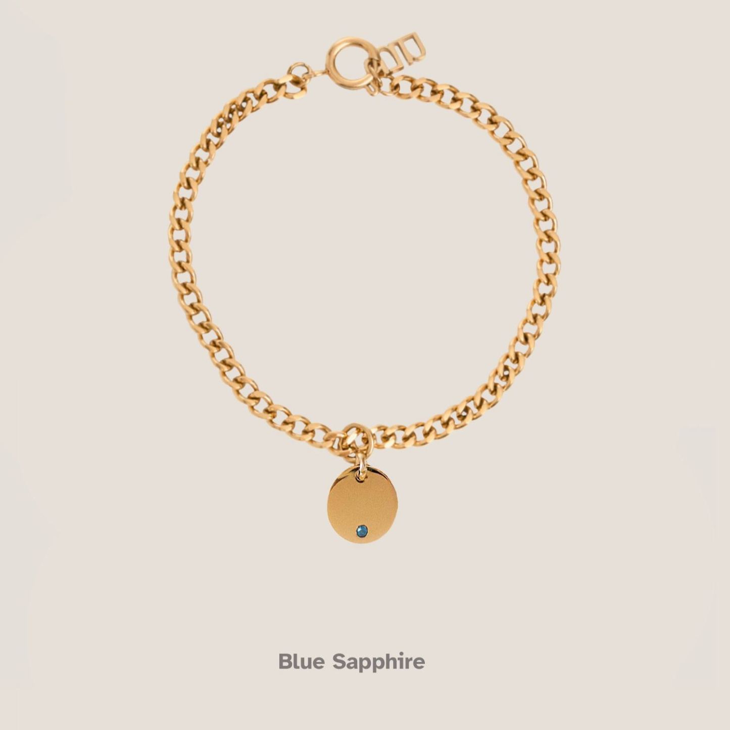 Birthstone Round Pendant Gold Curb Chain Bracelet