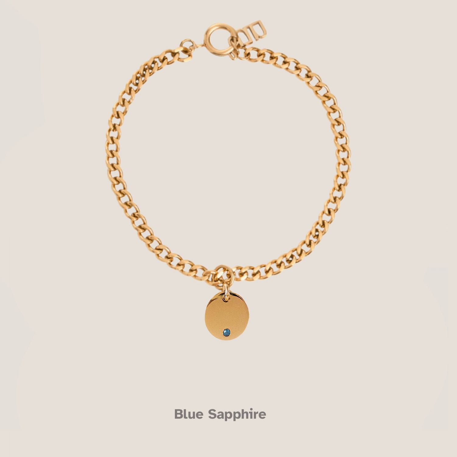 Birthstone Round Pendant Gold Curb Chain Bracelet