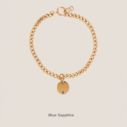 Birthstone Round Pendant Gold Curb Chain Bracelet