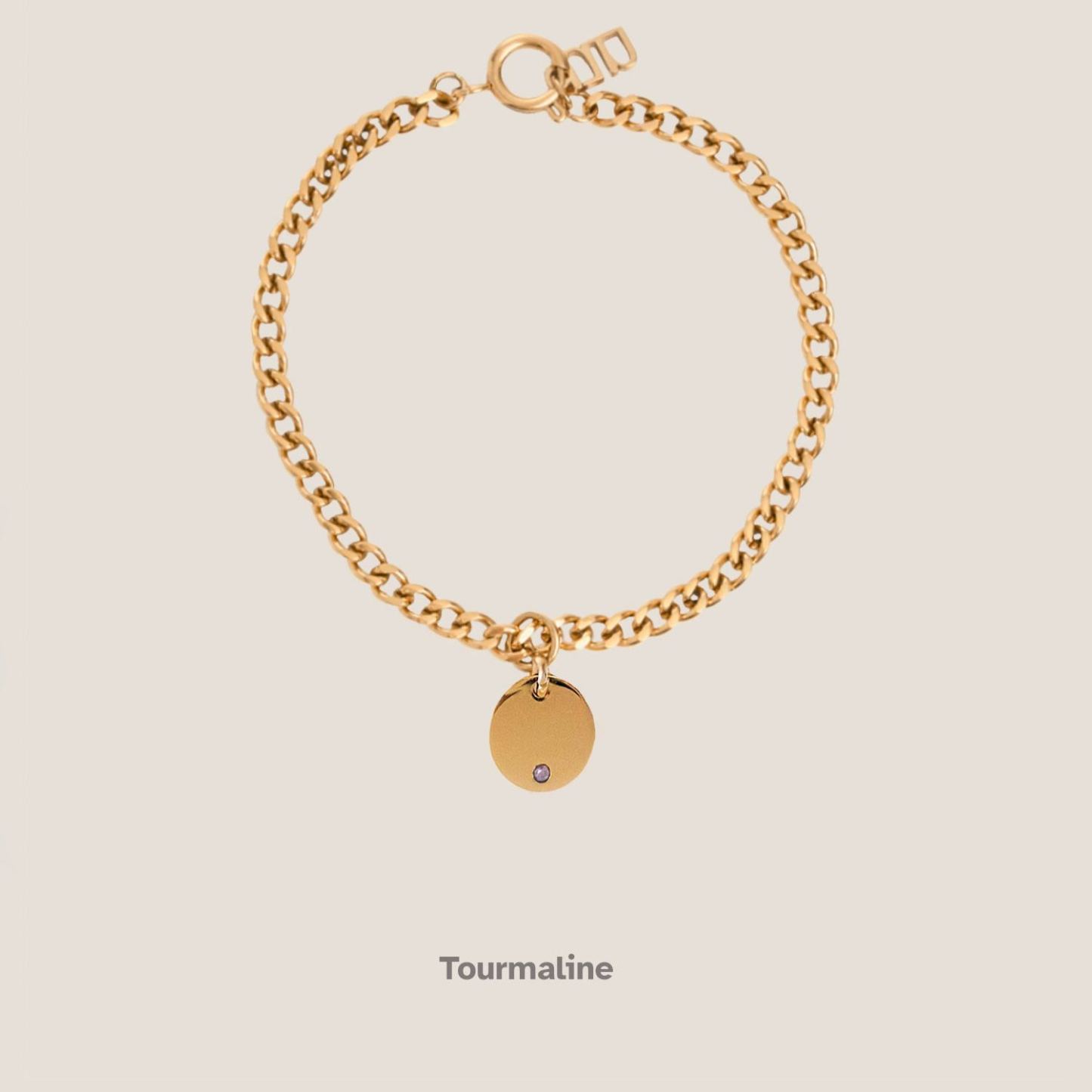 Birthstone Round Pendant Gold Curb Chain Bracelet