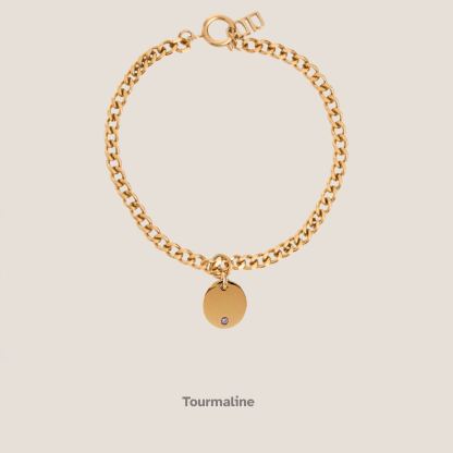 Birthstone Round Pendant Gold Curb Chain Bracelet
