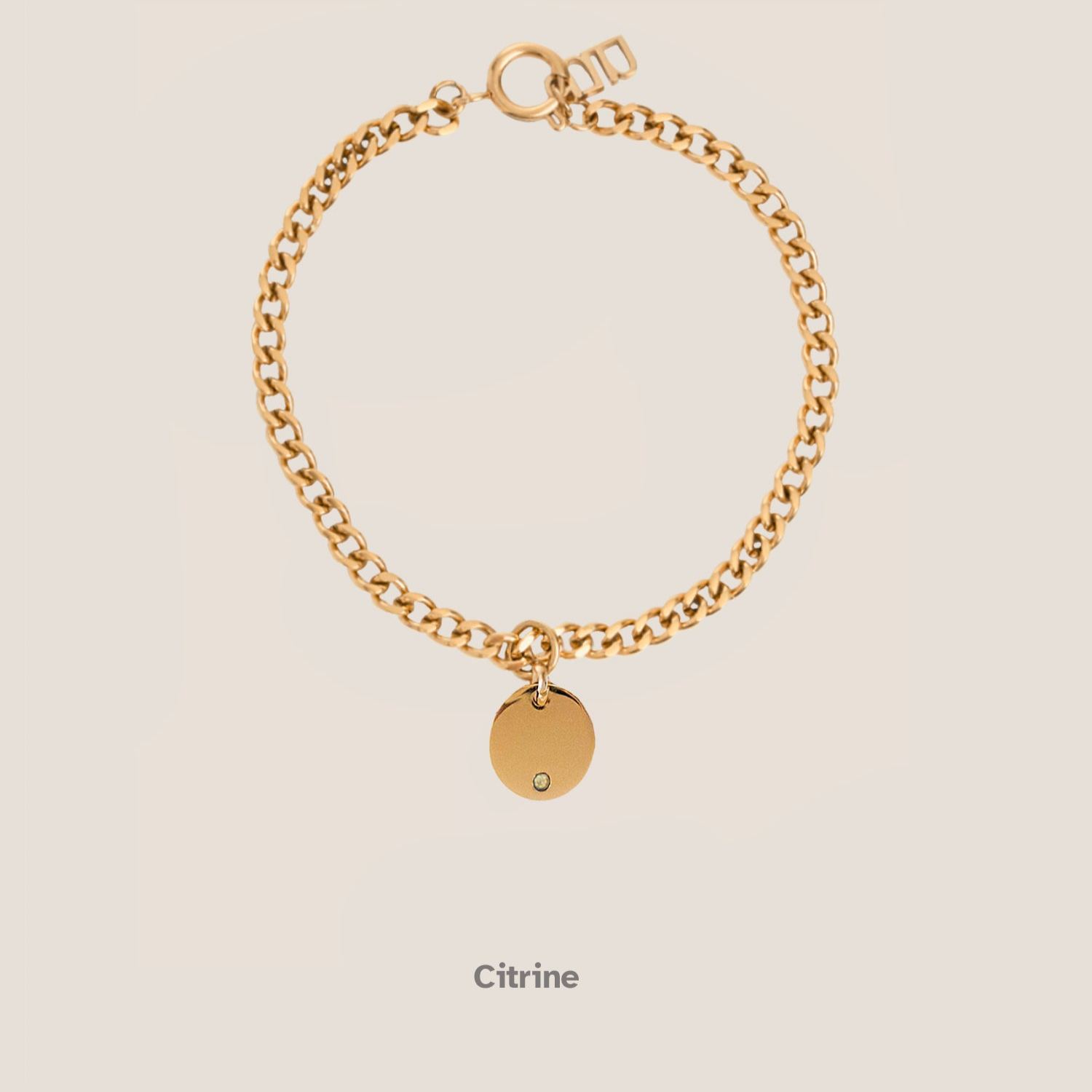Birthstone Round Pendant Gold Curb Chain Bracelet
