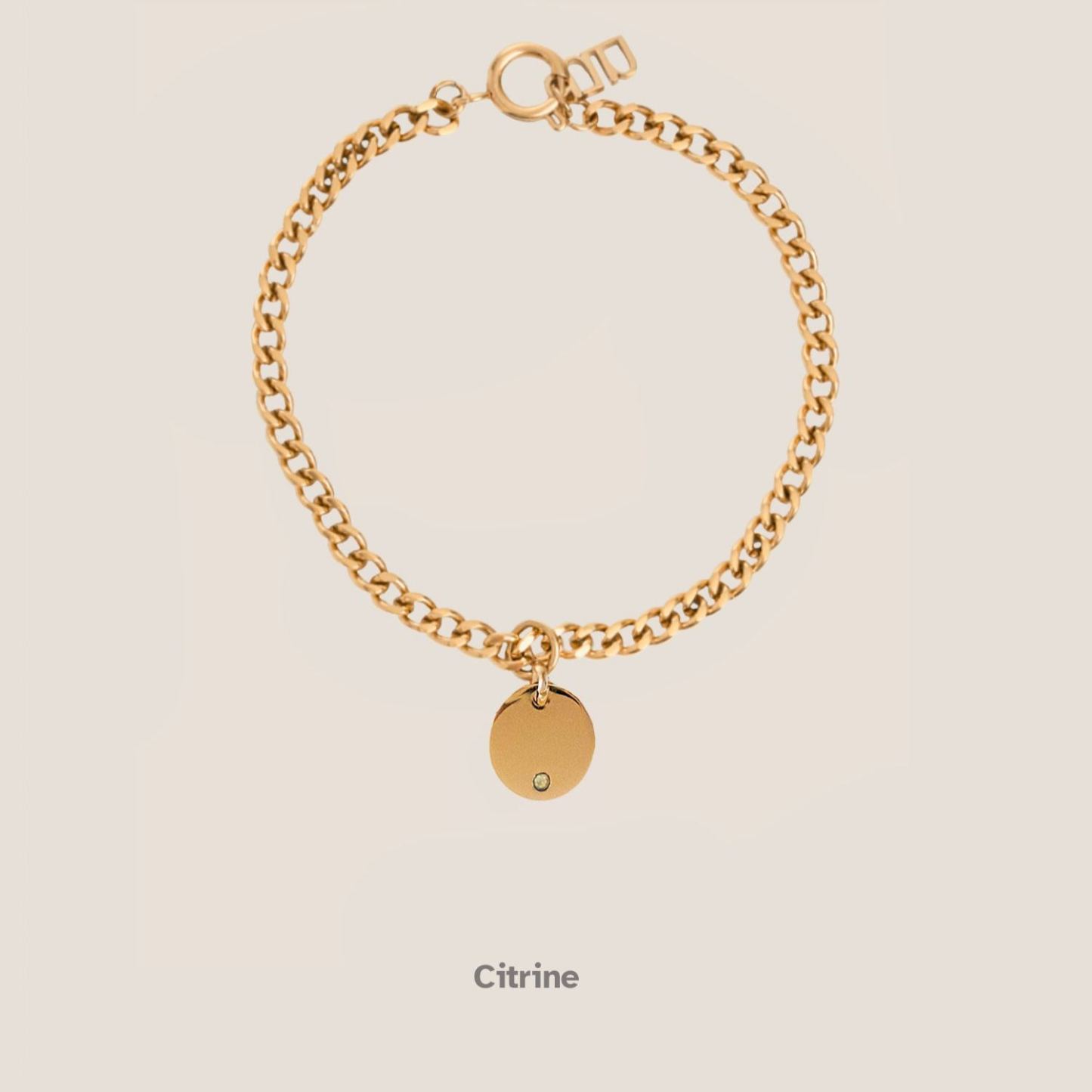 Birthstone Round Pendant Gold Curb Chain Bracelet