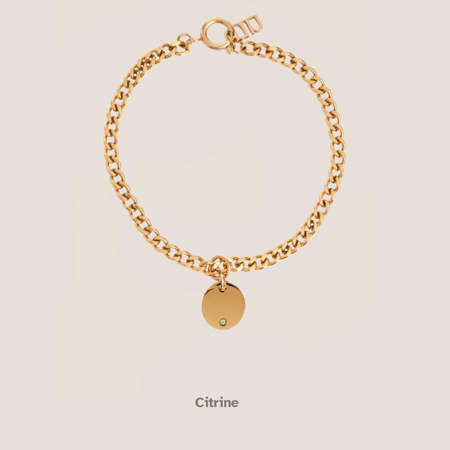 Birthstone Round Pendant Gold Curb Chain Bracelet