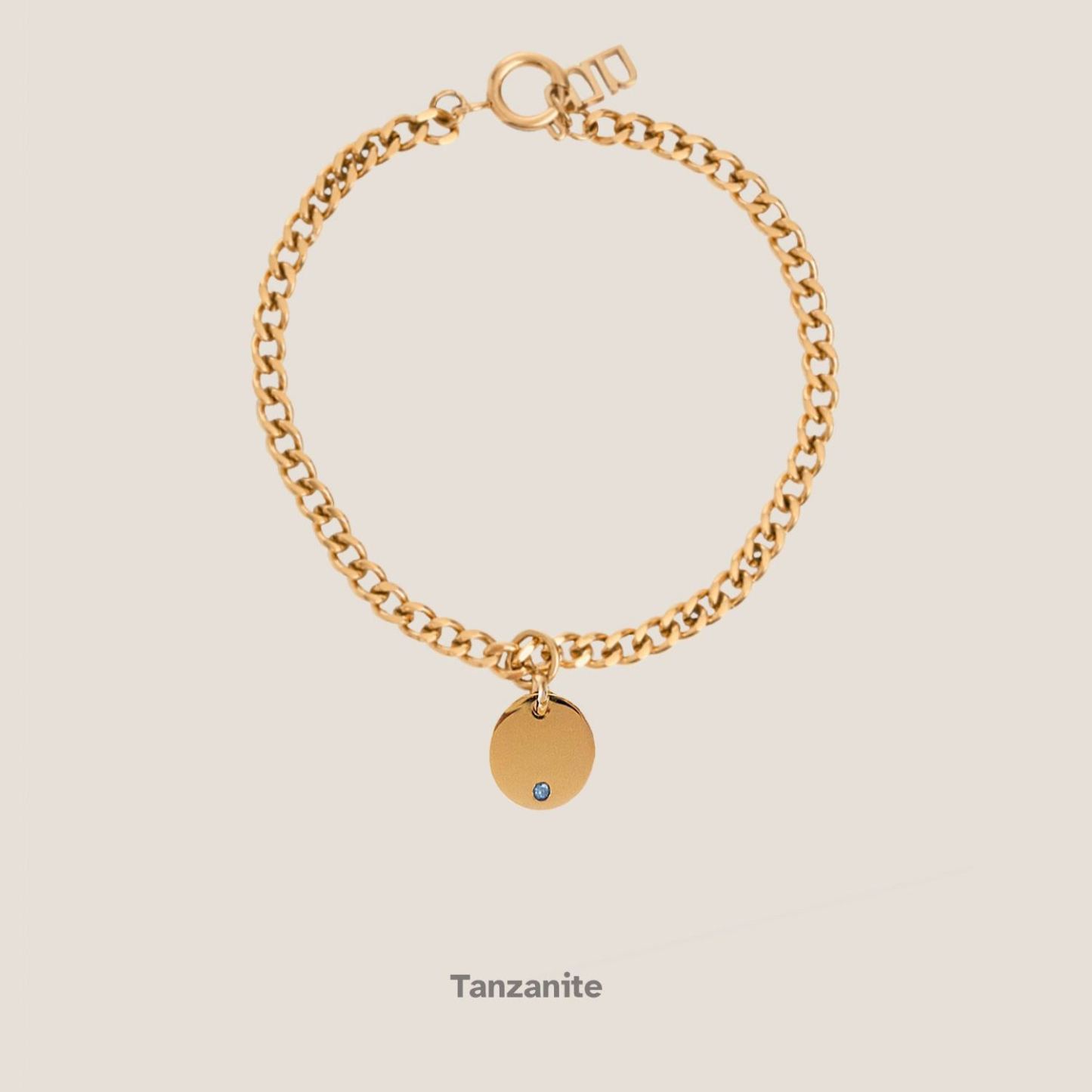 Birthstone Round Pendant Gold Curb Chain Bracelet