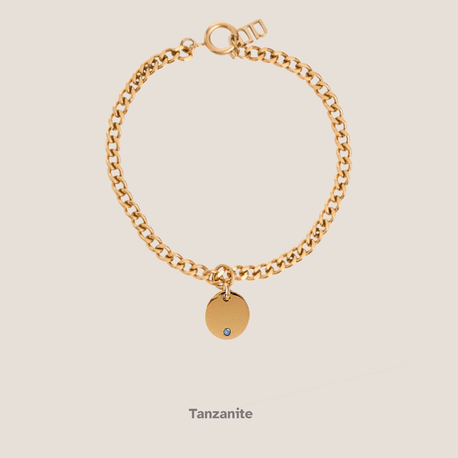 Birthstone Round Pendant Gold Curb Chain Bracelet