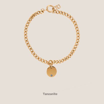 Birthstone Round Pendant Gold Curb Chain Bracelet