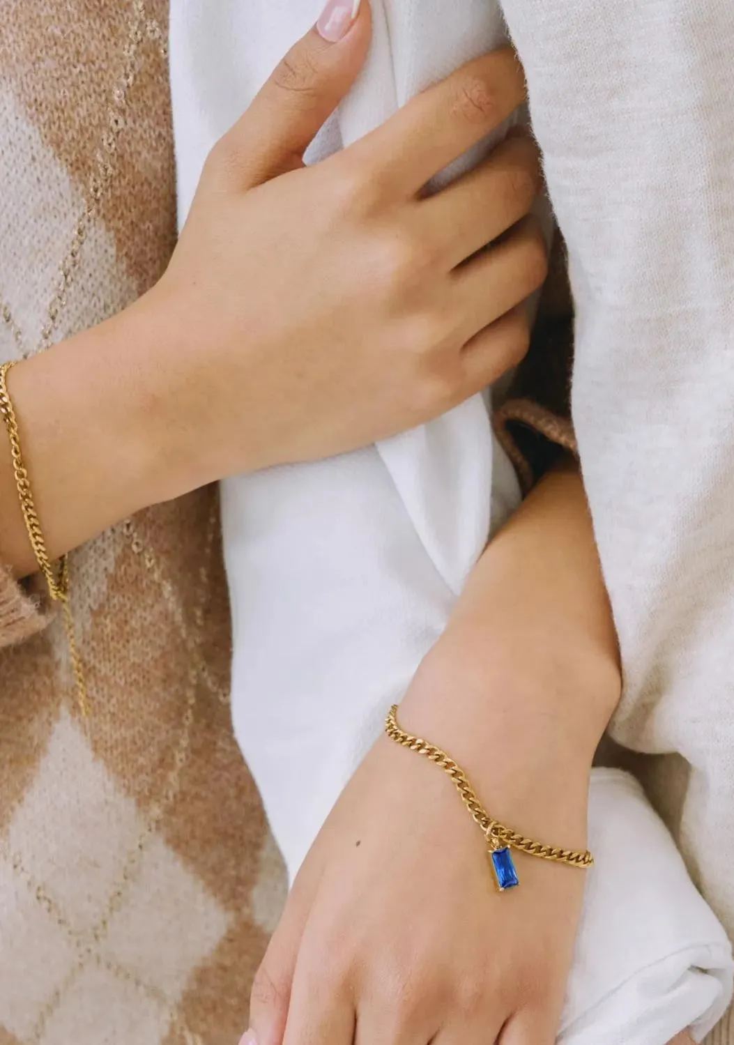 Verity Blue Sapphire Pendant Gold Curb Chain Bracelet