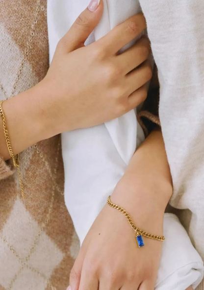 Verity Blue Sapphire Pendant Gold Curb Chain Bracelet