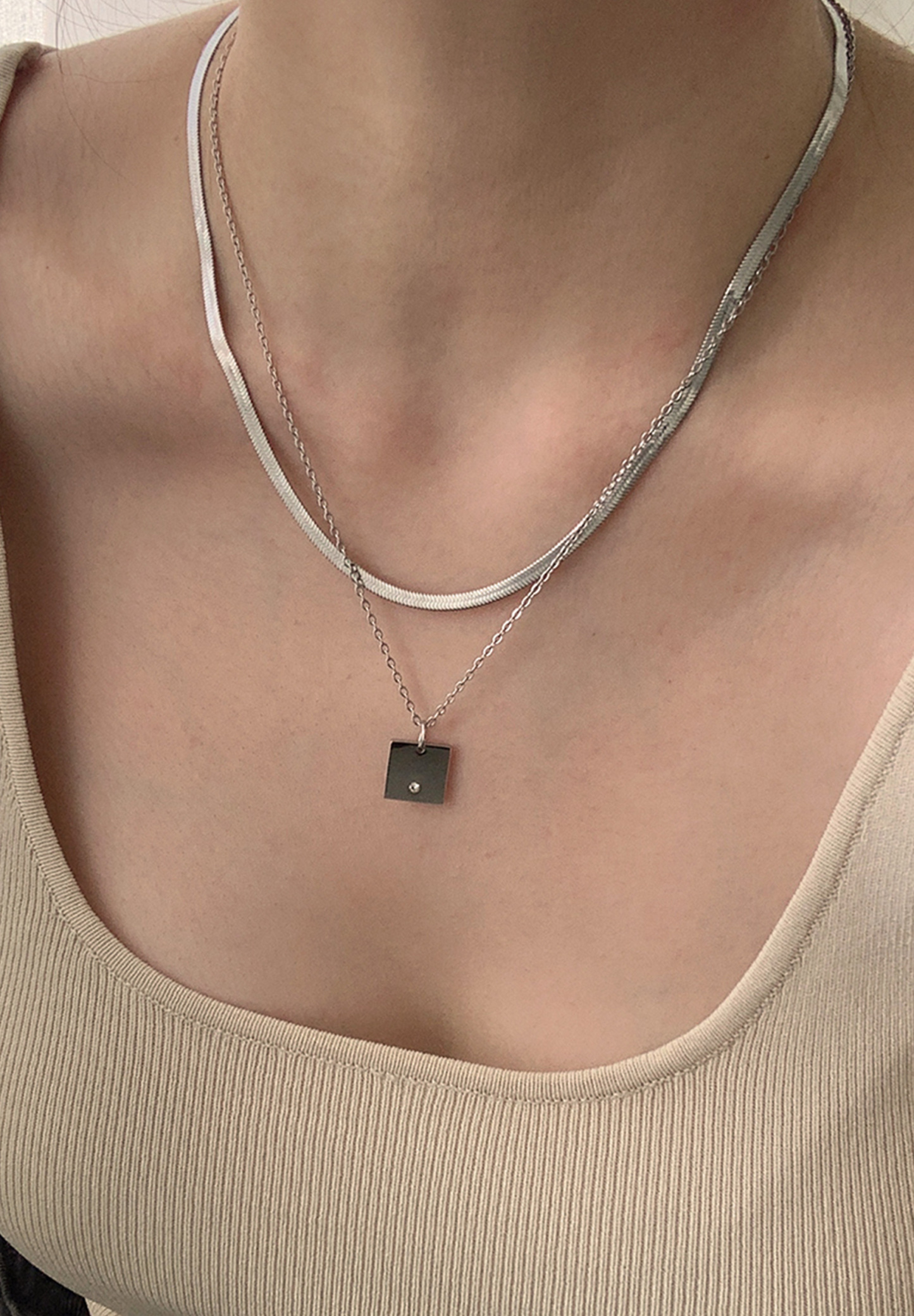 Square Silver Chain Pendant Necklace