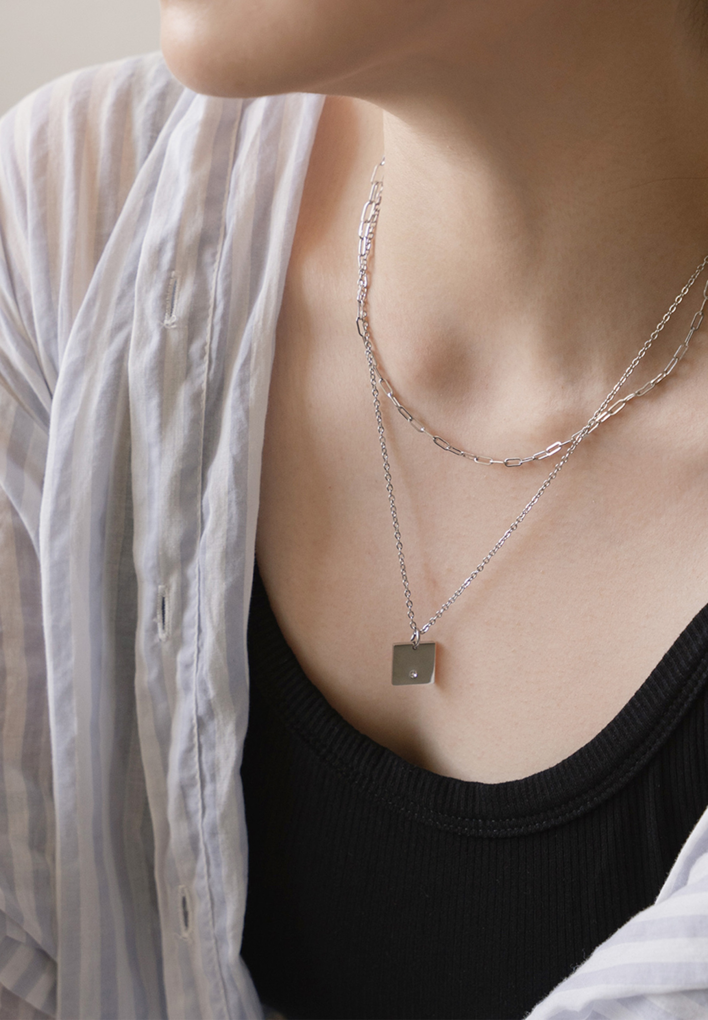 Square Silver Chain Pendant Necklace