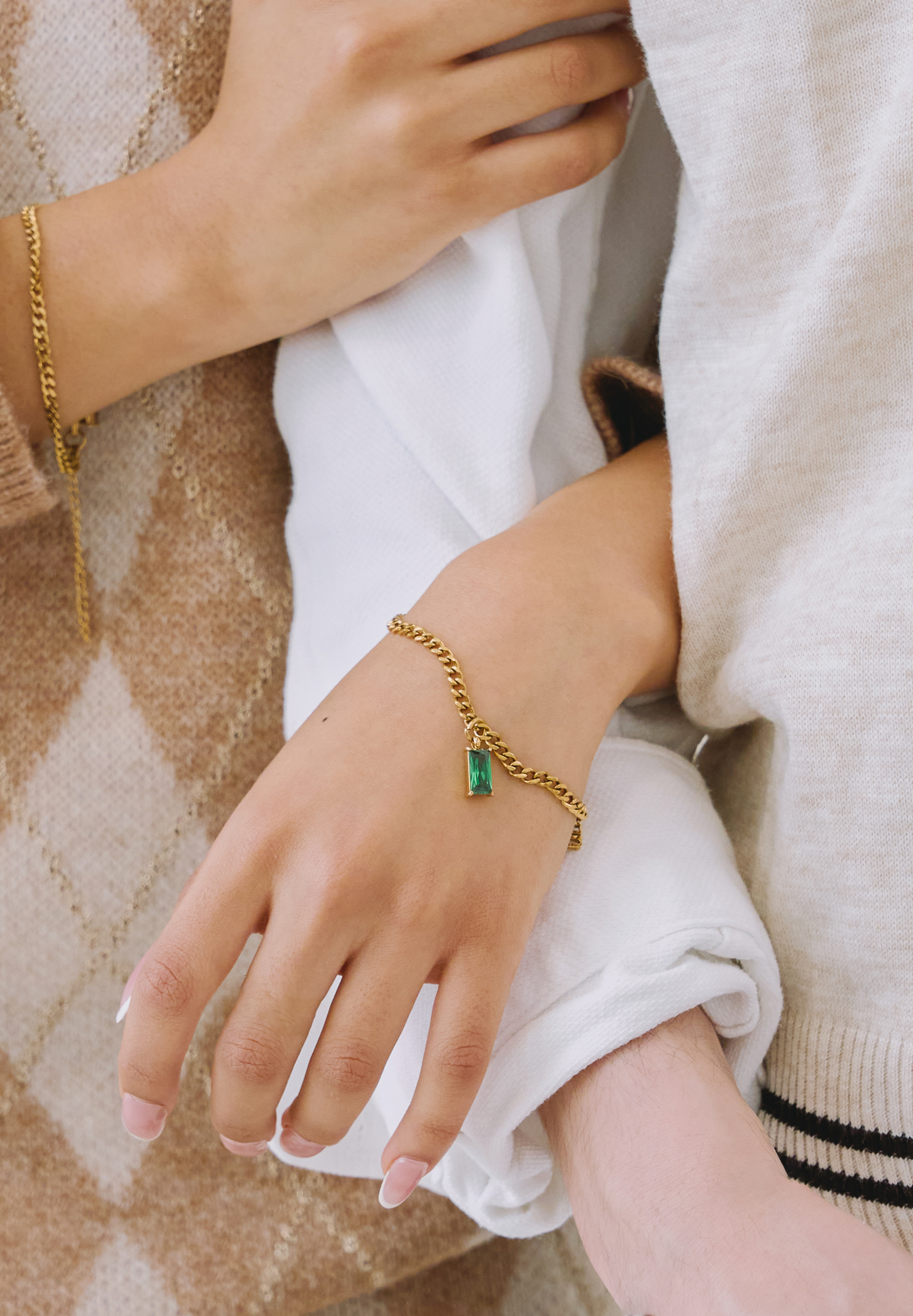 Verity Emerald Pendant Gold with Curb Chain Bracelet